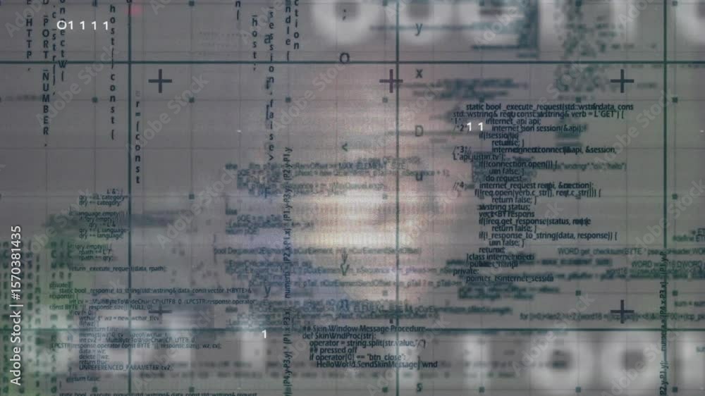 Poster grid overlaying blurred light initiating interface fading code, appearing crosshairs, scanning data