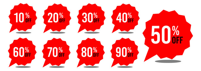 10% off 20% off 30% off 40% off 50% off 60% off 70% off 80% off 90% off ten twenty thirty forty fifty sixty seventy eighty ninety percent off, retail discount, promotion, sale, percentage, set.	