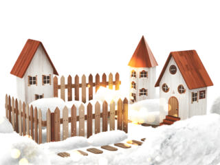 Charming Winter Village Scene Festive Wooden Houses Snowy Fence isolated on transparent background