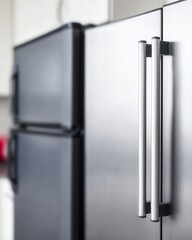 Futuristic kitchen with nature-inspired appliances, including a fridge using penguin-like insulation, bathed in soft natural light and ultra-clean design.