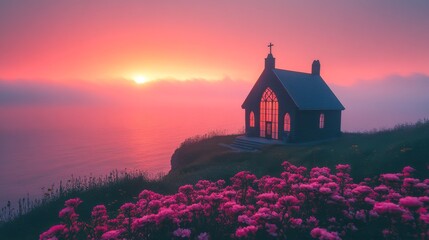 Fototapeta premium Coastal chapel bathed in a vibrant sunset.