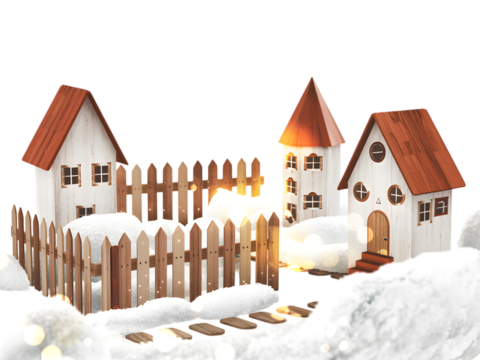 Charming Winter Village Scene Festive Wooden Houses  Snowy Fence isolated on transparent background