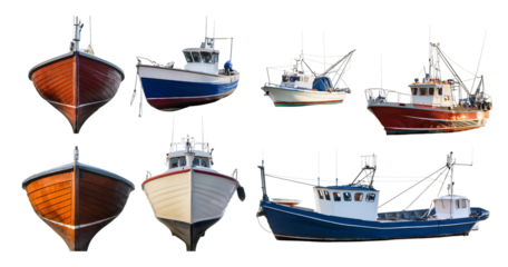 Collection of Rustic Fishing Boats in Various Designs and Colors, isolated on transparent background