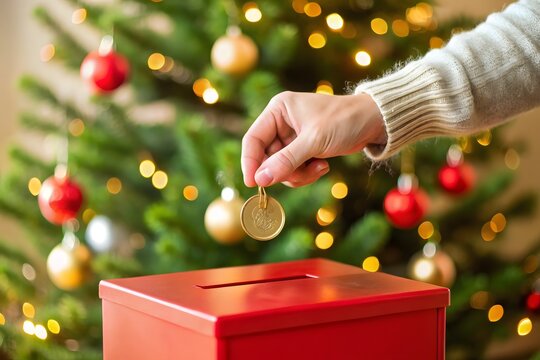 Hand donating a coin to a red collection box in front of a decorated christmas tree with bokeh lights