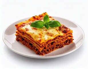 Serving of lasagna on a white plate garnished with basil Layers of pasta meat sauce and cheese are visible