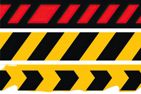 Three horizontal stripes of safety tape.  Black and yellow diagonal chevrons.  Red chevrons on top layer.  Bottom layer has arrow shapes