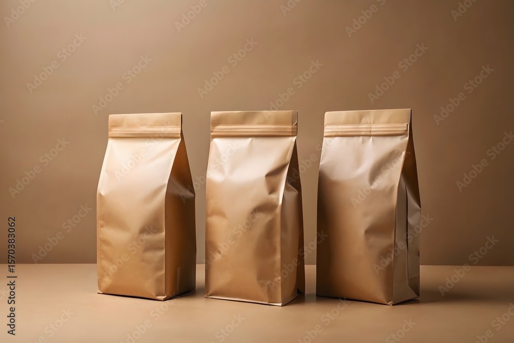 Poster three blank kraft paper stand up pouches with resealable zippers displayed in a row on a neutral bac
