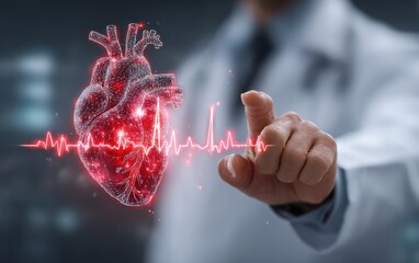 Doctor interacts with a digital, glowing heart model and a vital line