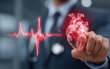 Doctor's touch on a glowing, digital heart with an ECG wave
