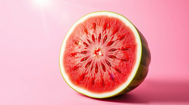 Close-up of a juicy watermelon cut in half against a vibrant pink background