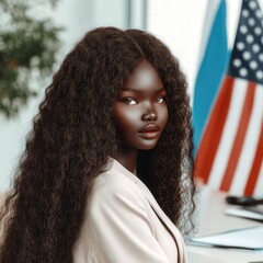 Confident Black entrepreneur meets the camera in a stylish office, US flag draped behind, her steady gaze radiates leadership and ambition.