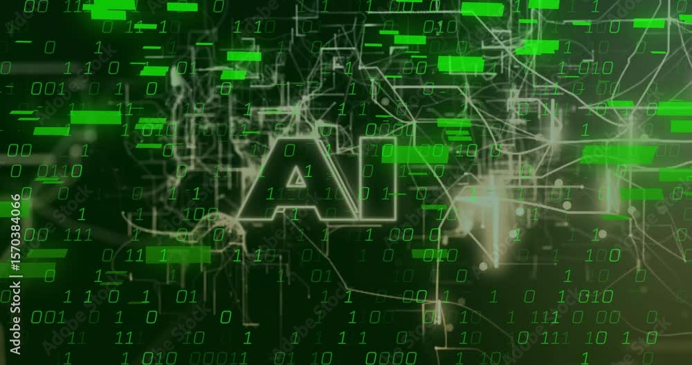 Poster backdrop appearing starting ai letters emerging amid shifting network lines cascading code for data