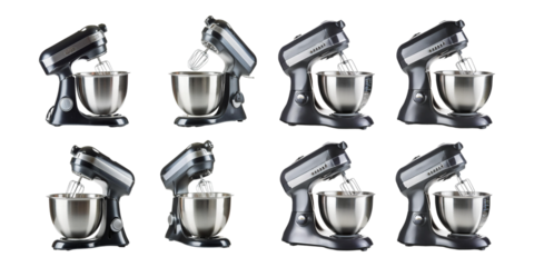Collection of sleek, modern electric stand mixers with stainless steel bowls, ideal for professional and home baking, isolated on a transparent background.