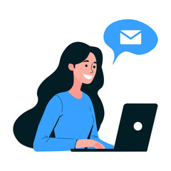 Woman Working on Laptop with Email Bubble Vector Illustration
