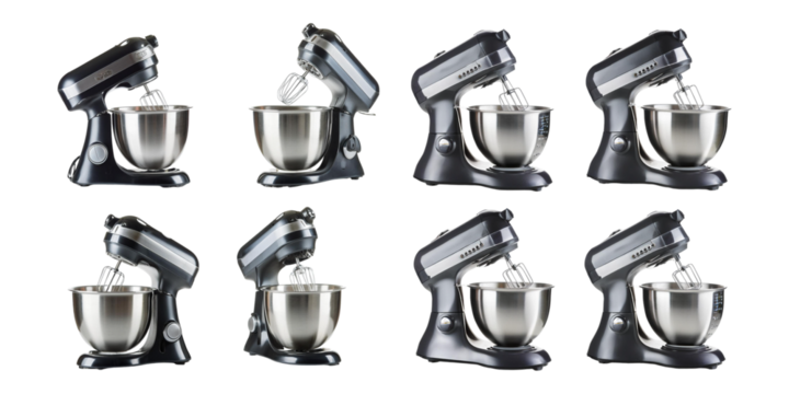 Collection of sleek, modern electric stand mixers with stainless steel bowls, ideal for professional and home baking, isolated on a transparent background.