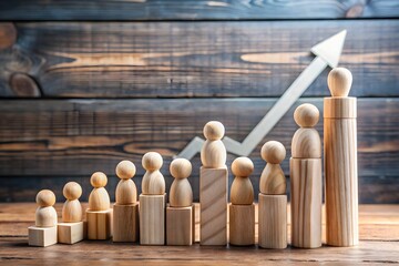 Wooden figures arranged in increasing height on blocks against a backdrop of a rising arrow graph