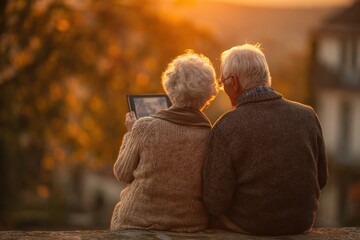 Elderly couple enjoys sunset view, looking at a tablet together