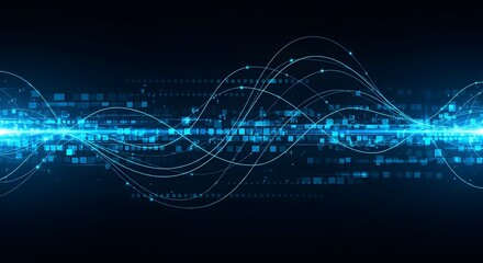 Abstract Digital Wave Pattern with Bright Blue Squares and White Lines Background wallpaper  Futuristic Data Flow Visualization Against a Dark Blue Background 