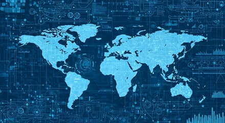 Neon Blue Digital World Map with Abstract Technological Background Global Data Visualization: Futuristic Map with Scattered Grids and Lines 