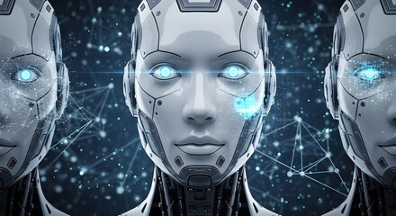 Trio of Futuristic Robots with Glowing Blue Eyes Against a Digital Backdrop Sci-Fi Robot Trio in a High-Tech Digital Environment 
