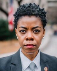 Confident Black entrepreneur meets the camera in a stylish office, US flag draped behind, her steady gaze radiates leadership and ambition.