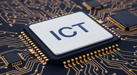 Advanced Microchip Technology: Close-Up of 'ICT' Branded Chip on Gold Circuit Board 
