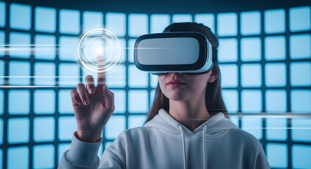 Young Woman Interacting with Glowing VR Interface in Futuristic Digital Grid Futuristic Tech Scene: Female User Touching Holographic Circle in Virtual Reality 