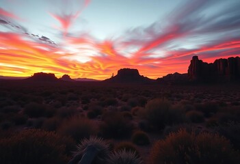 Crimson sunset paints the Arizona desert, mesas silhouetted against fiery sky, nature, southwest