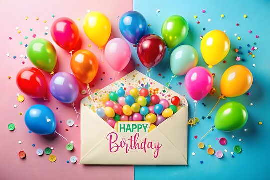 A vibrant explosion of colorful balloons and confetti spills from an open envelope celebrating a happy birthday
