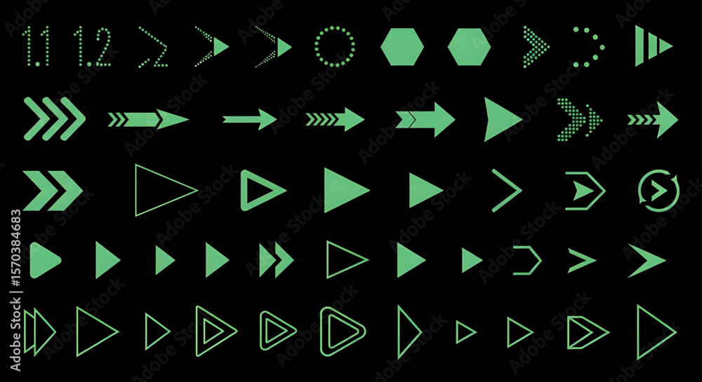 Poster diverse green arrows collection on black background | vector arrow set for ui design, presentations,