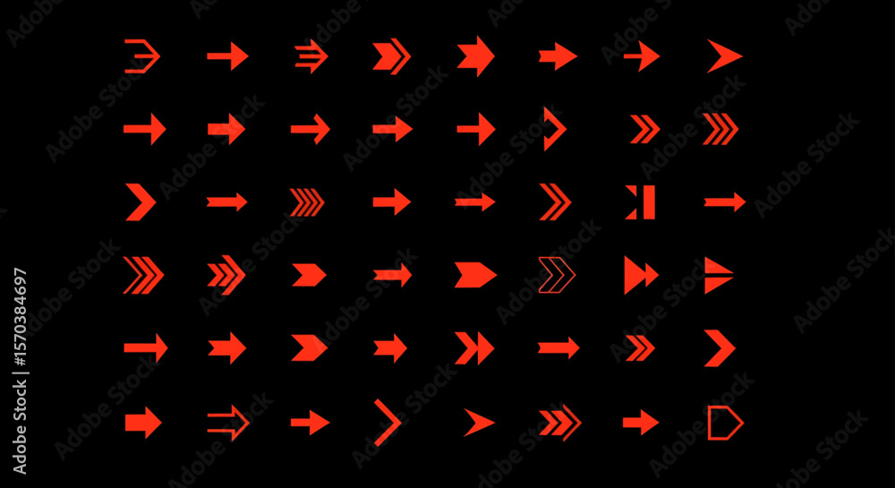 Poster diverse red arrow collection on black background | pixelated arrow set for navigation, ui design, an