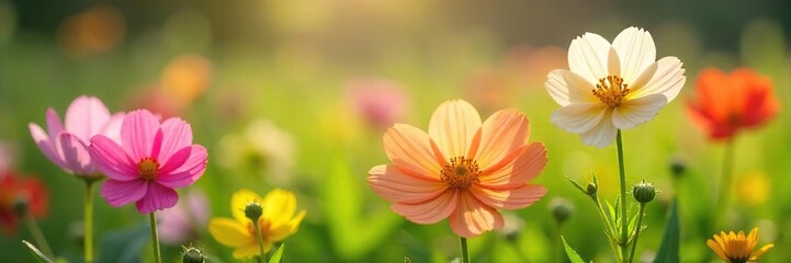 Vibrant Spring Wildflowers in Sunlit Meadow Delicate Petals and Lush Green Leaves Celebrate the Beauty of Natures Spring Awakening