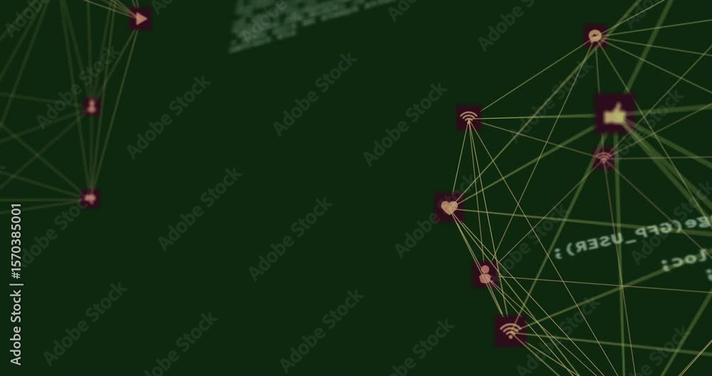 Poster scrolling code initiating network nodes emerging, linking into social icon web showing connectivity