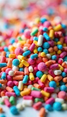 Vibrant Colorful Sprinkles A Close-Up of Sugary Texture and Tempting Hues, Ideal for High-Calorie Dessert and Baking Photography