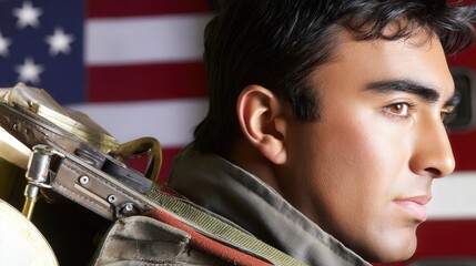 Focused male medic grips lifesaving gear in ambulance bay, soft US flag backdrop highlights urgent dedication.
