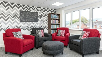 Cozy reading nook with red and gray armchairs.