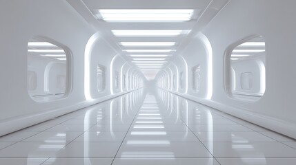 Fototapeta premium Walking Through Futuristic White Corridor with Shiny Floor