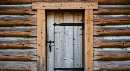 Rustic Wooden Door and Log Cabin Exterior with Black Hardware and Frame