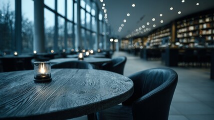 Interior cafe scene with wooden tables and soft lighting.