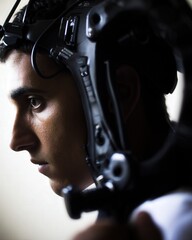 Young adult works on a laptop wearing a sleek noninvasive brain computer interface headset in a minimalist office, calm focus on device and face.