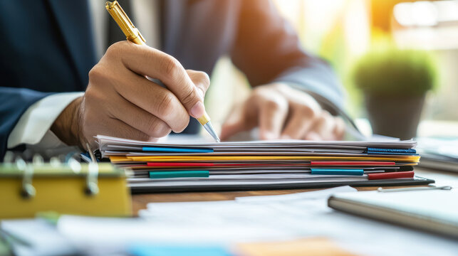 A procurement manager organizing supplier documents and contracts in a binder.