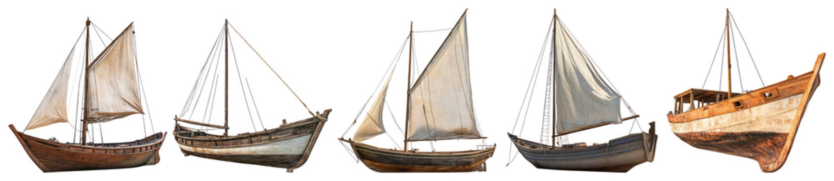 Vintage Wooden Boats with Sails on Isolated White Background, PNG bundle collection, Isolated on Transparent Background