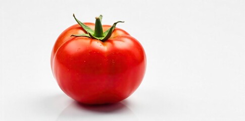 Vibrant Red Tomato Close-up of a glistening, perfectly ripe tomato with water droplets, set against a stark white background, evoking freshness and vitality.