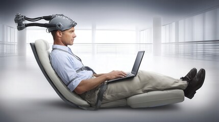 Young adult works on a laptop wearing a sleek noninvasive brain computer interface headset in a minimalist office, calm focus on device and face.