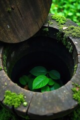 Mysterious Aged Wooden Well Lid Partially Open, Revealing Lush Green Moss and Leaves Within a Dark Shaft.  Forgotten Nature, Mystery, Exploration.