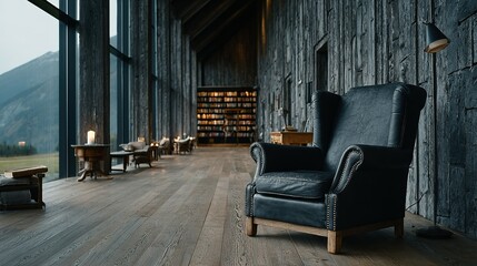 Dark leather wingback chair in a modern library-like space.