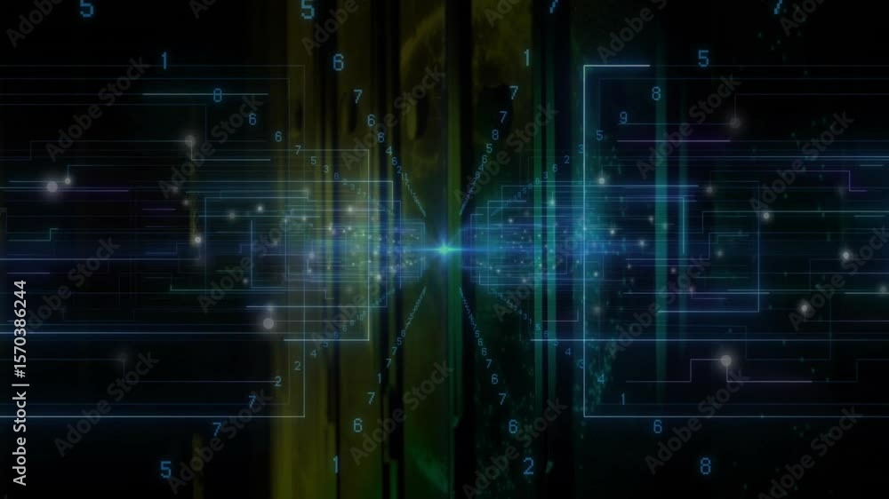 Poster central glowing node initiating forming grid lines and drifting digit glyphs to visualize data flow