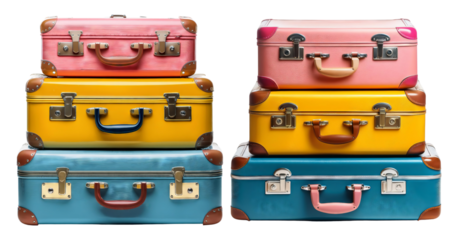 Colorful Retro Suitcases Stacked in Stylish Arrangement for Travel, PNG bundle collection, Isolated on Transparent Background