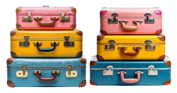 Colorful Retro Suitcases Stacked in Stylish Arrangement for Travel, PNG bundle collection, Isolated on Transparent Background