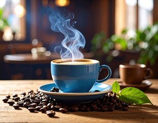 Hot coffee in a blue cup